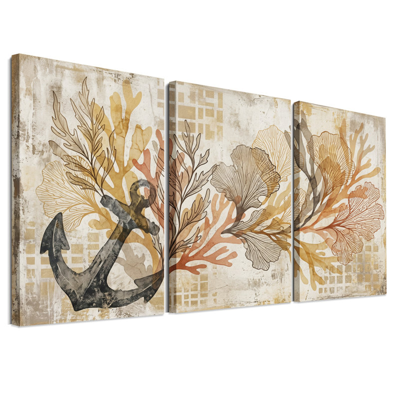 Ensemble de 3 toiles murales vintage représentant une ancre sombre et des algues, 30"H x 20"W x 3pcs