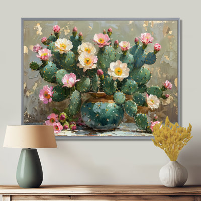 Green Pink Flowering Cactus Glow III - Floral Cactus Wall Art