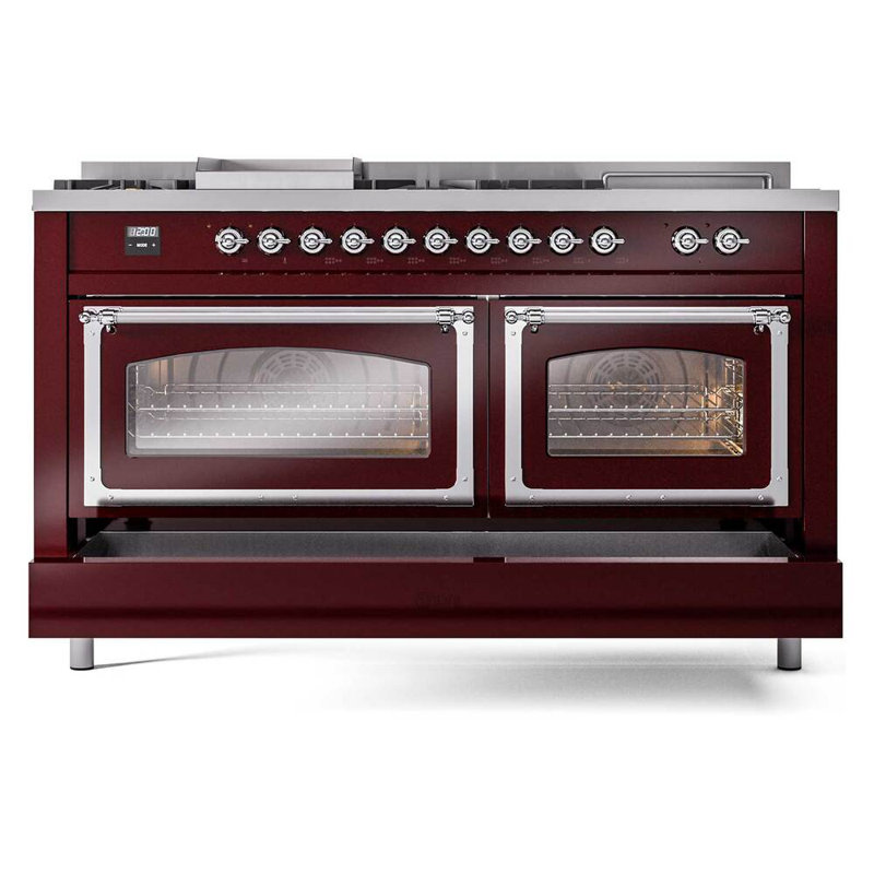 ILVE Nostalgie II Noblesse 60 po à 2 brûleurs, plaque chauffante, plaque de cuisson française, Bourgogne / chrome
