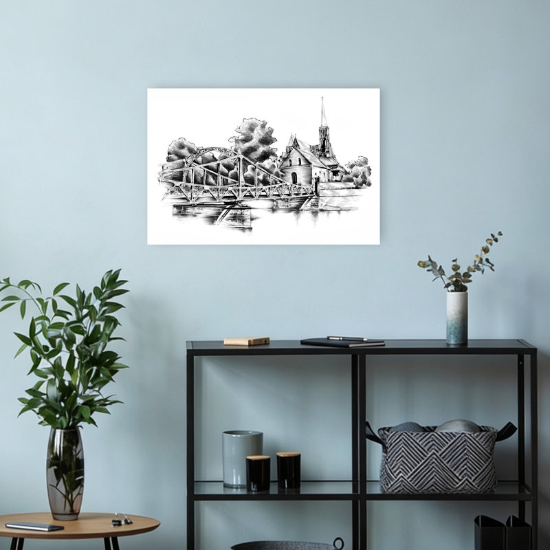 Pont et église historiques, architecture gothique sereine et tranquille, affiche murale de la ville, H 12 po x l 18 po
