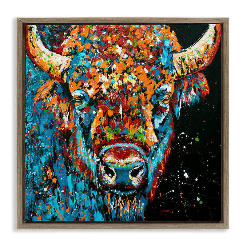 Modern Bison with Paint Splatter, Montalcino Elm Floater Frame, 25" H x 25" W