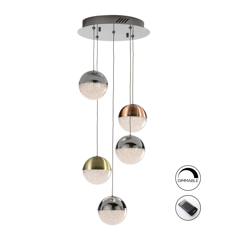 Nauvoo 5 - Light Copper/Satin Brass/Chrome LED Cluster Pendant, Copper/Satin Brass/Chrome, Clear, 50cm H x 33cm W x 22cm D