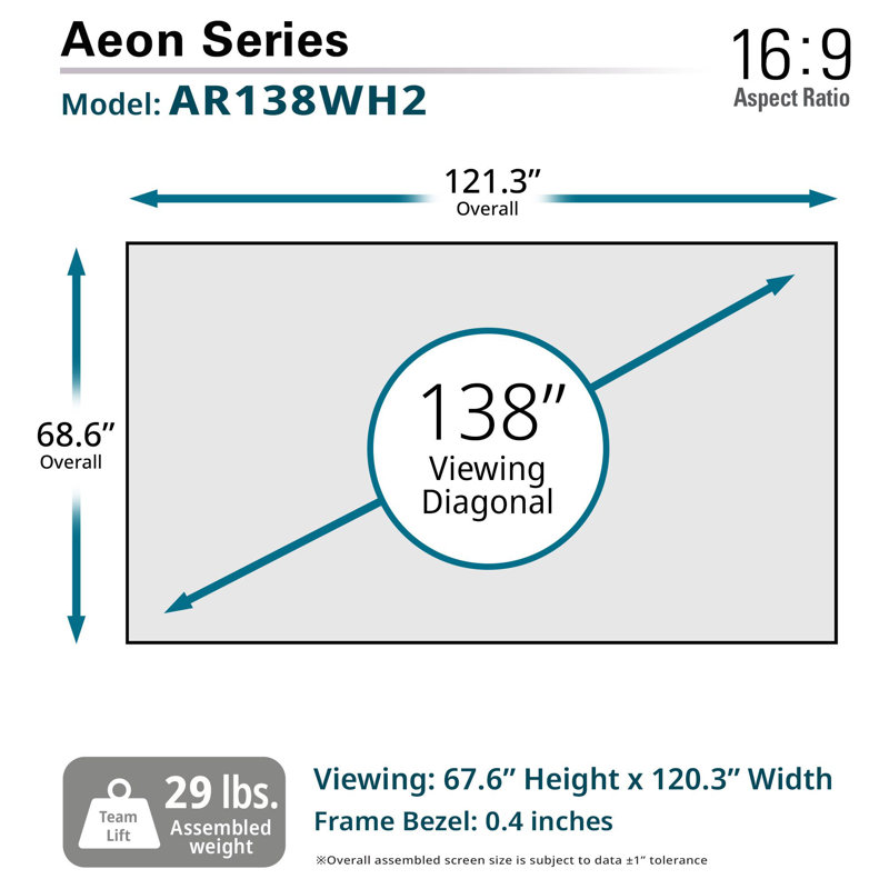 Aeon CineWhite® UHD-B, 138" Diagonal, 16:9 4K/8K Ultra HD Matte White Front Projection Fixed Frame Screen,AR138WH2