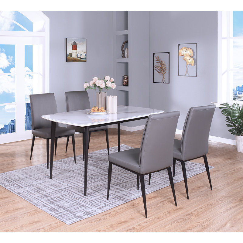 Ensemble de salle à manger 5 pièces transitionnel - Table rectangulaire blanche avec chaises rembourrées en similicuir gris
