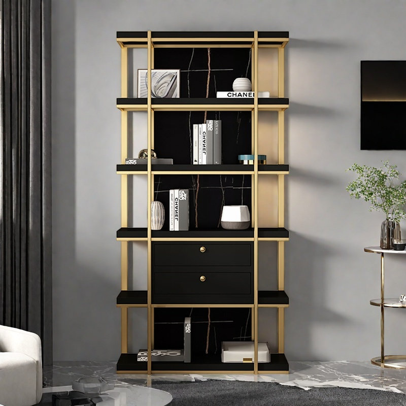 Bibliothèque haut de gamme et simple, Noir et or, (4 tablettes) H 78,7 po x l 31,4 po x P 11,8 po
