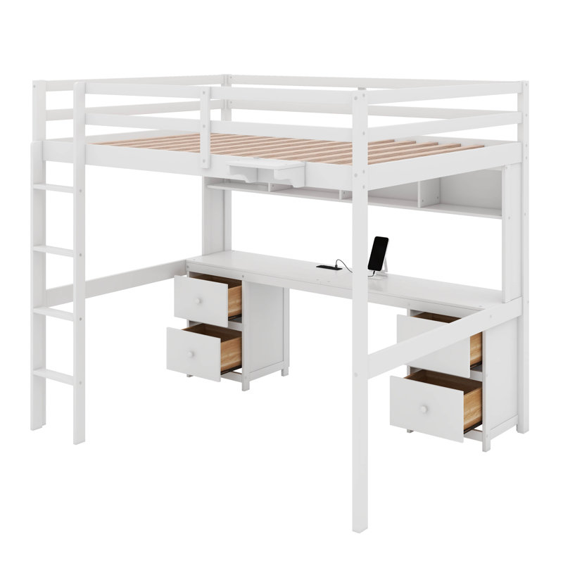 Full Size Loft Bed With Desk, Cabinets, Drawers And Charging Station, White