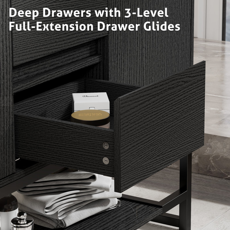 Ensemble de meuble-lavabo à double cuve 48 "avec plateau en résine , robinet, tablette ouverte, structure en métal , Noir