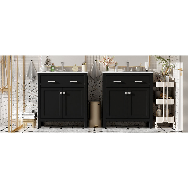 Meuble-lavabo de 60 po, lavabos doubles en céramique, tablette réglable, portes à fermeture en douceur, tiroir rabattable