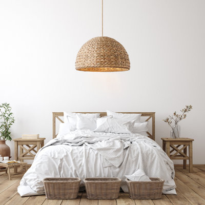 Althea Rattan Pendant Light - Natural Dome 1-Light Polished Handwoven Adjustable Light Fixture For Kitchen Island, Kitchen, Dining Room, Living Room, Bedroom, Hallway or Covered Patio in Modern, Farmhouse & Boho Style