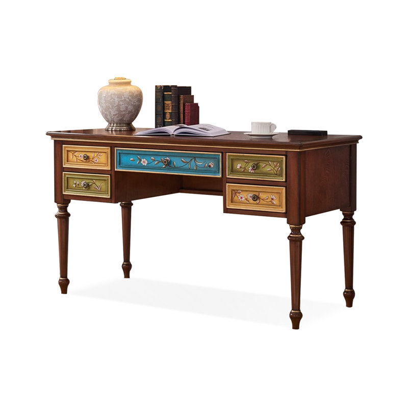 Bureau rectangulaire brun en bois massif avec 5 tiroirs, 29.53" H x 47.24" W x 23.62" D