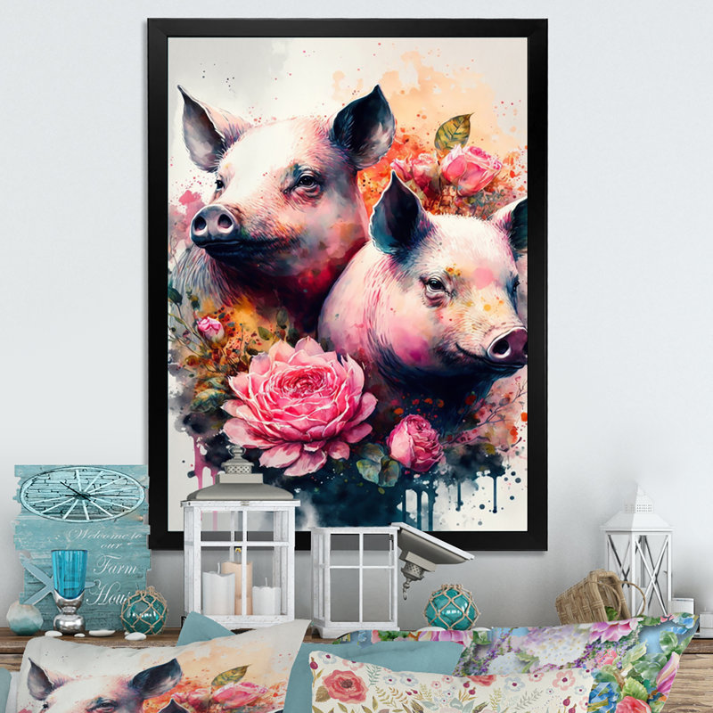 Art floral sur toile - Cochons mignons, L 12 po x H 20 po, Impression noire sur toile encadrée