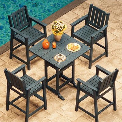 Outdoor Slatted Bar Table and Chairs Set for 5, 5-Piece Bar Height Table and Chairs with Umbrella Hole and Footrest, HDPE All-Weather Patio Bar Set for Balcony, Backyard, Poolside