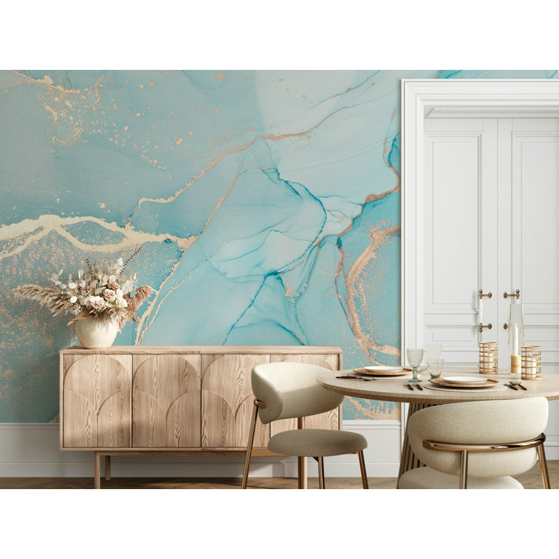 Blue Marble Gold Vein Abstract Wallpaper, 100"L x 150"W