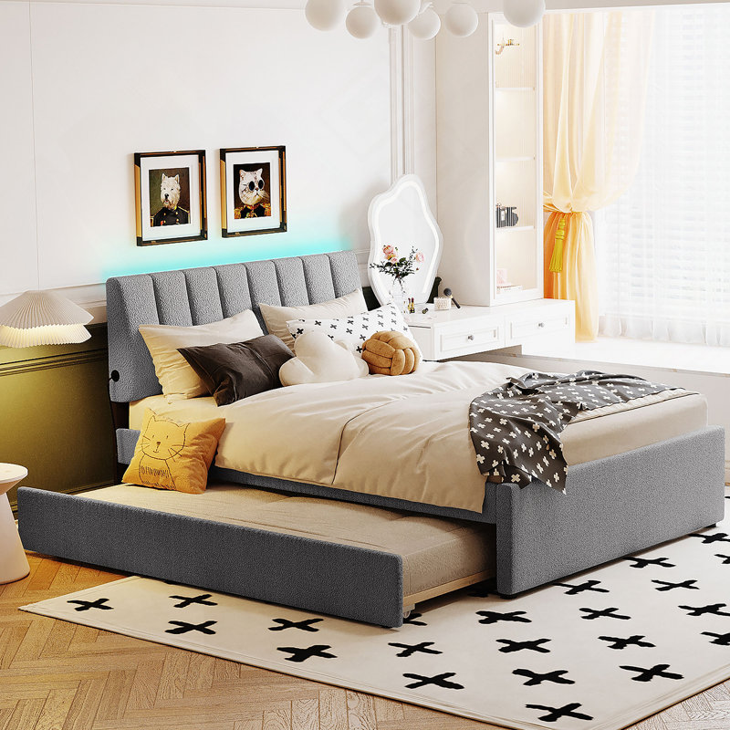 Lit plateforme tapissier Teddy, gris, Double