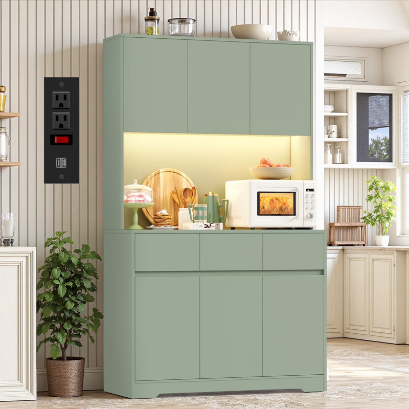 Garde-manger autoportant vert et bleu avec station de charge - tablettes réglables, lumière DEL, rangement à 3 tiroirs pour la cuisine