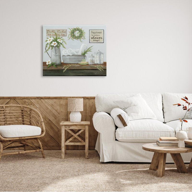 «Farmhouse Bathroom Counter Still Life Motivation», art mural sur toile tendue XXL par Pam Britton, H 30 po x l 40 po