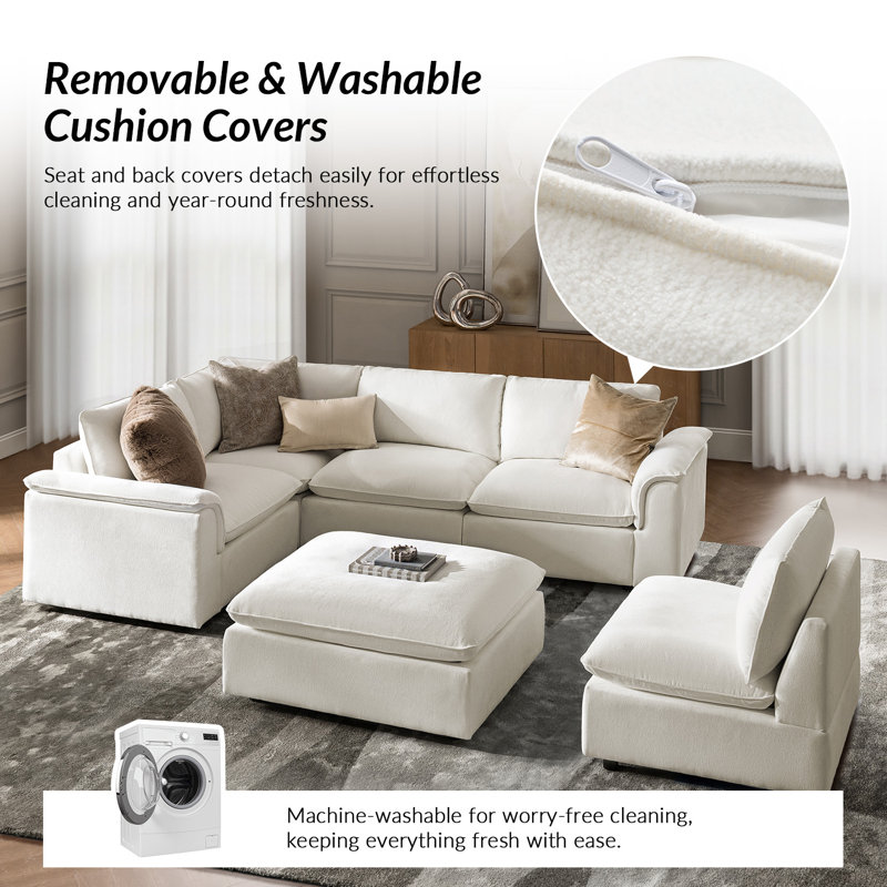 Cioffi 114"W Oversized L Shaped 6 Piece Down Blend Modular Cloud Sectional Sofa with Removable Cushion Cover, Ivory