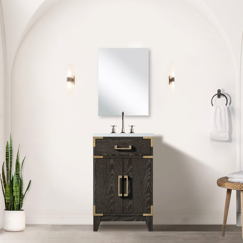 Meuble-lavabo simple en chêne brun avec comptoir et robinet en acrylique - Éléments de salle de bain modernes et essentiels de luxe pour le comptoir