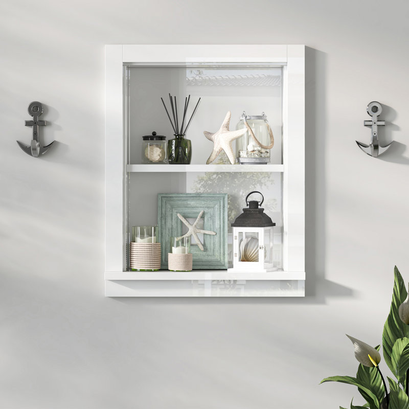 15.7" W X 19.8" H Recessed Wall Niche, 2-Tier High Gloss White Solid Wood Shower Niche, Modern In-Wall Bathroom Storage Shelf