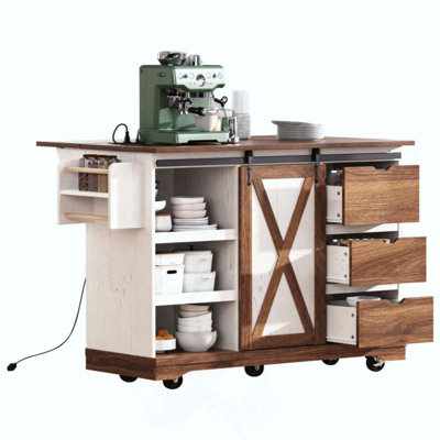 Farmhouse Kitchen Island With Drop Leaf, Kitchen Storage Island With Barn Door, Power Outlet, Rolling Kitchen Cart On Wheels With Spice Rack, For Home, Kitchen, Dining Room