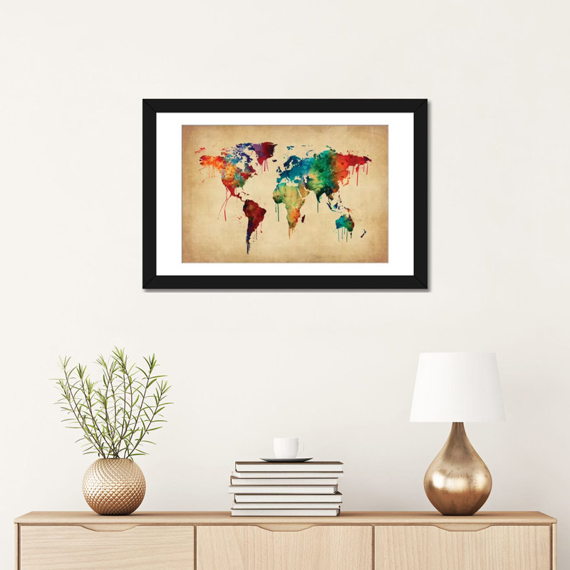 World Map Series: Dripping Effect II, impression sur toile tendue, H 16 po x l 24 po x P 1 po, Papier d'art encadré noir