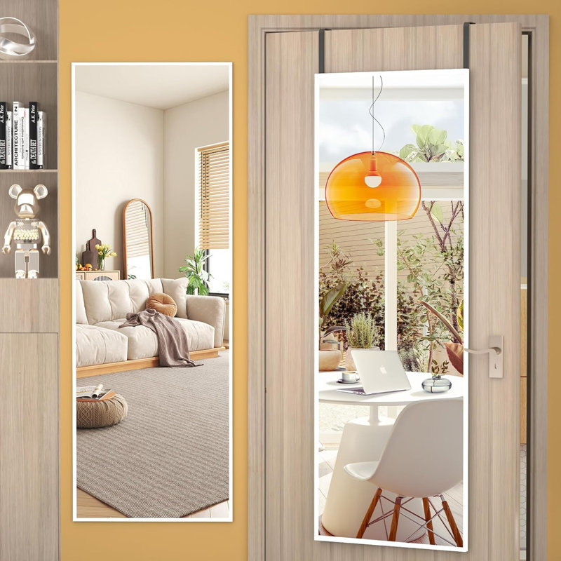 47" X 16" Full Length Over The Door Mirror, Round Aluminum Frame Full Body Hanging Wall Mounted Mirror For Bedroom, Living Room, Or Cloakroom, White