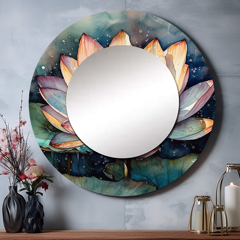 Raeleah Orange Lotus Floral Dreams I - Lotus Decorative Wall Mirror, Modern Round Mirror, Printed Metal Art, 23" x 23"
