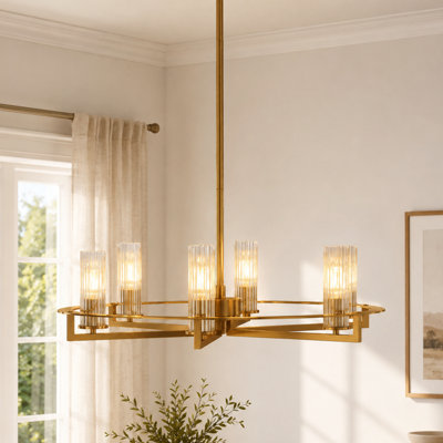6 - Light Dimmable Gold Wagon Wheel Chandelier