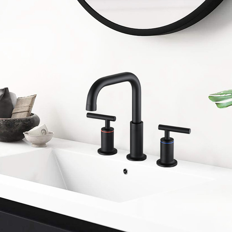 Matte Black Bathroom Faucet 8 In. Widespread With Double Handles And Pop Up Drain - Solid Brass, 360 Swivel, Drip- Ceramic Disc Valves, Flow Spout, 1.5 Gpm, Easy To Install, Rust & Tarnish Brass
