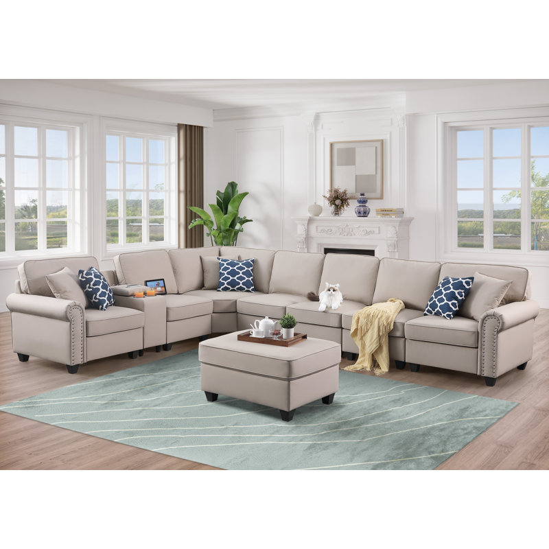 Faux Leather L-Shaped Sectional, Beige Faux Leather