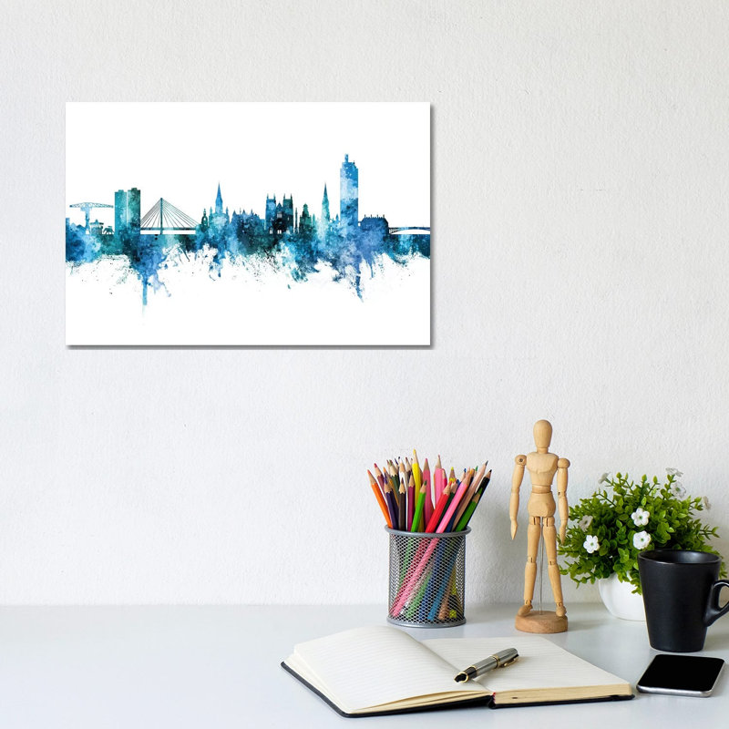 Nantes France Skyline Blue Teal by Michael Tompsett - 1 Piece Wrapped Canvas Painting, 20.32 cm H x 30.48 cm W