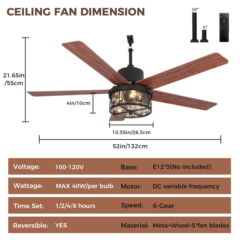 52" Farmhouse Indoor/Outdoor Ceiling Fan with Light, IP44 Waterproof, Quiet DC Motor with Remote Control, 6 Speeds & Timer for Patio, Porch, Bedroom