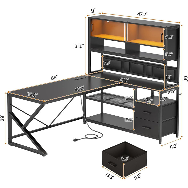 59" L Shaped Computer Desk With 2 Drawer and Bookshelf, Black