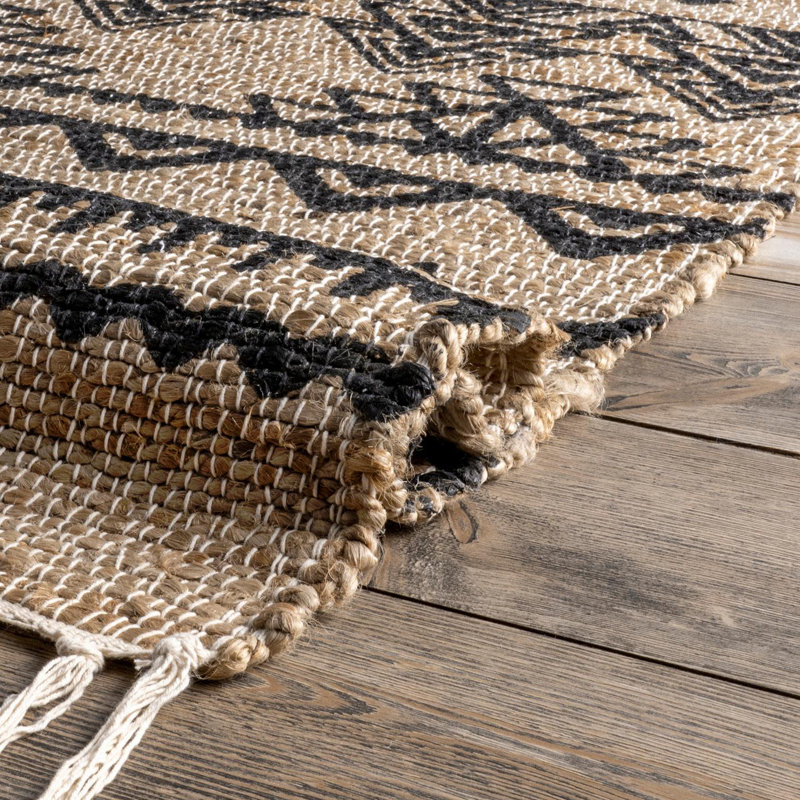 Southwestern Beige and Black Handwoven Jute Rug with Medallion Pattern
