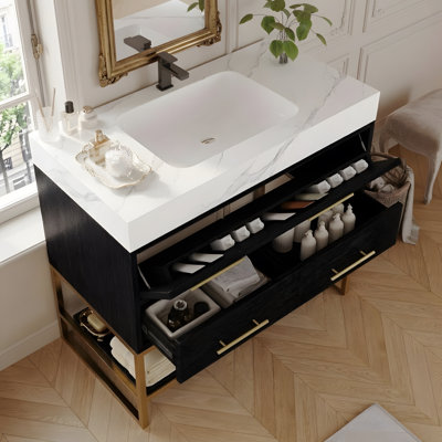 Meuble-lavabo sur pied 36 po avec lavabo en céramique et comptoir en marbre
