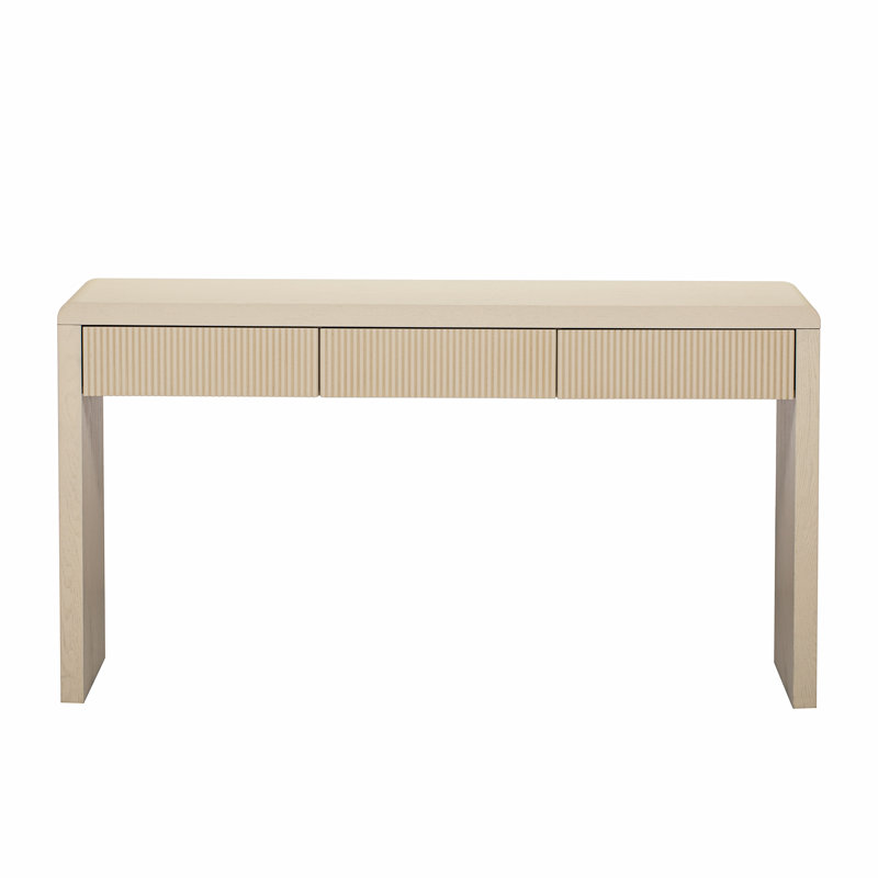 Console rustique avec 3 tiroirs cannelés - Table d'entrée en placage de bois massif avec grain de bois naturel pour le salon, le couloir