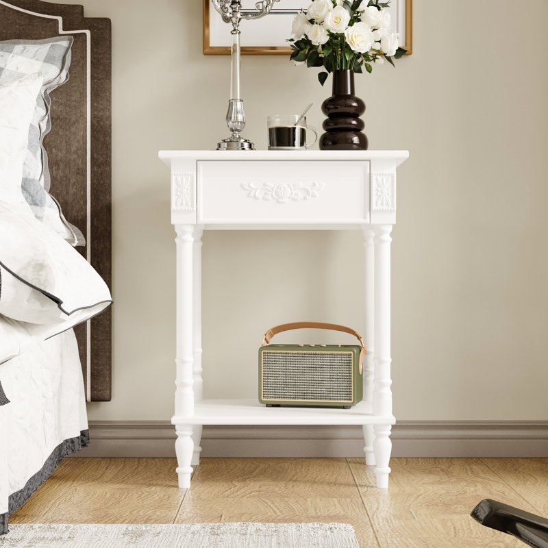 1-Shelf And 1-Drawer Nightstand With Elegent Design, White