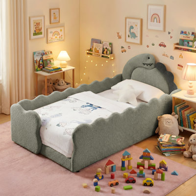 Boucle Upholstered Dinosaur-Shaped Kids Bed With Safety Guardrails And Solid Wood Slat Support