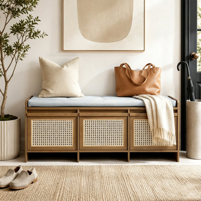 Banc de rangement pour chaussures de 48 po, banc de rangement rétro avec tiroirs en rotin et coussin amovible rembourré à boutons