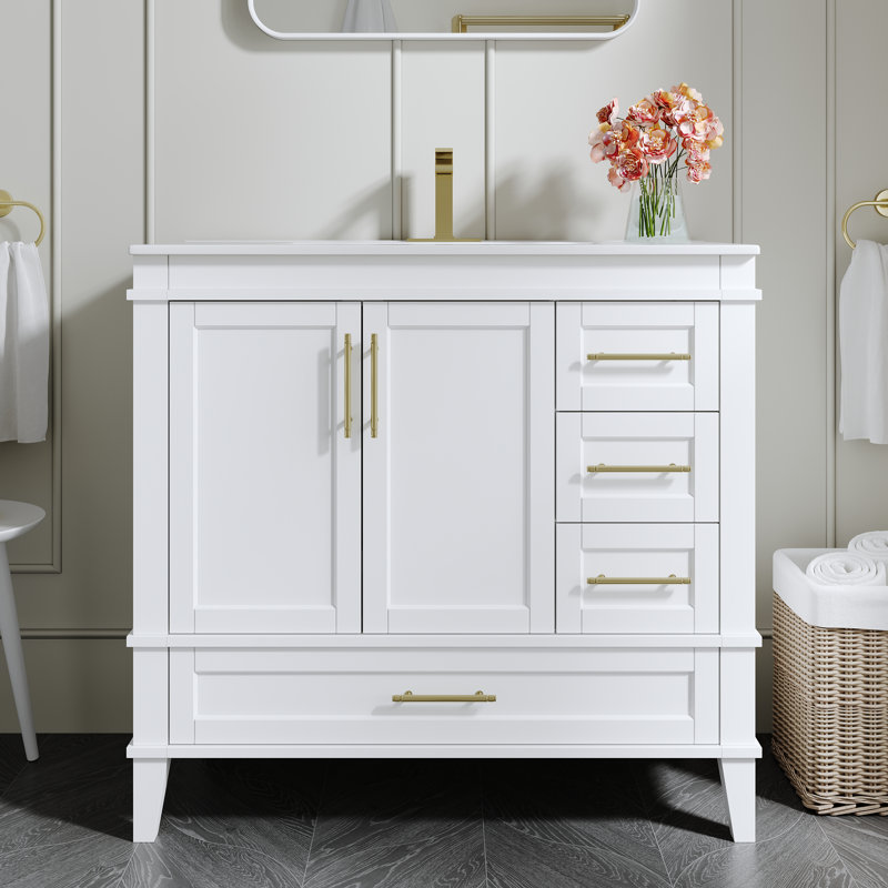 Meuble-lavabo en bois massif blanc l 36 po x H 34,1 po avec lavabo en céramique Cupc, charnières DTC à fermeture en douceur et poignées en aluminium doré