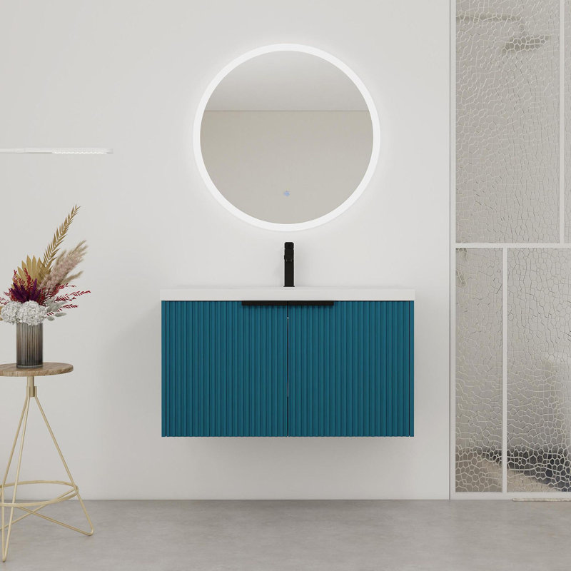 36" Wall Mounted Bathroom Vanity with Resin Sink & 2 Soft-Close Doors, Lake Blue