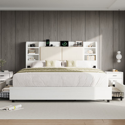47.2" Bookcase Upholstered King Size Bed Frame with 4 Storage Drawers,White