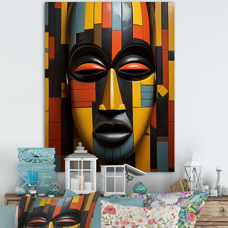 Bonneval, masque tribal africain Kente II - art mural tribal africain, H 44 po x l 34 po, Toile tendue, Sans cadre