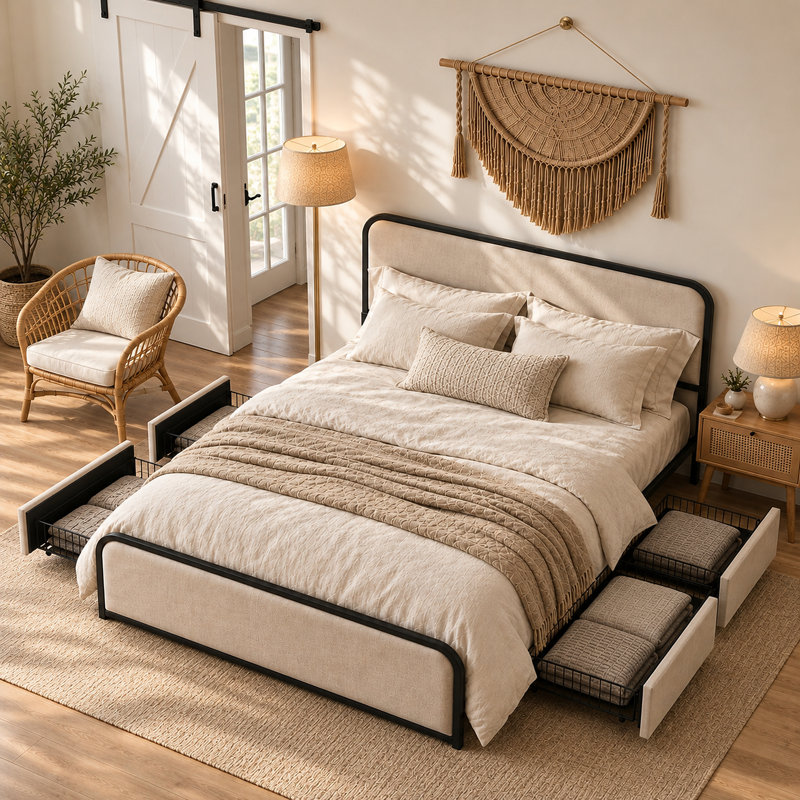 Lit plateforme avec rangement Henos, Grand, Beige&Black