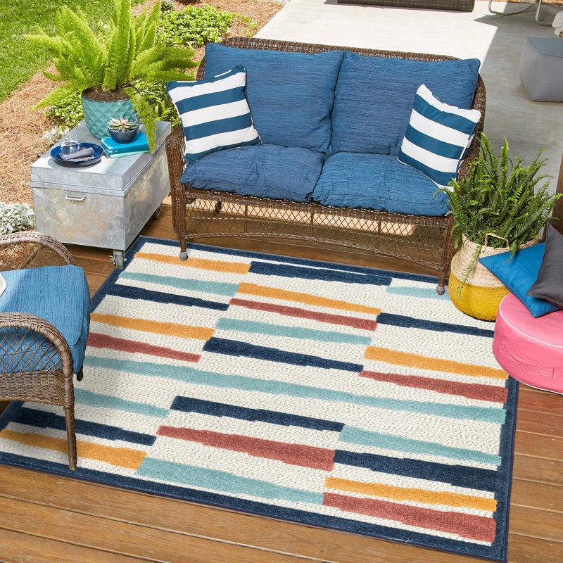Tapis intérieur / extérieur à rayures Berberia bleu / orange / rouge, Carré 5 pi 3 po