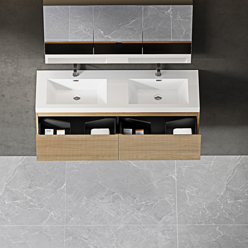 Meuble-lavabo mural flottant avec lavabo et lavabo flottant, Blanc, Bois de chêne naturel
