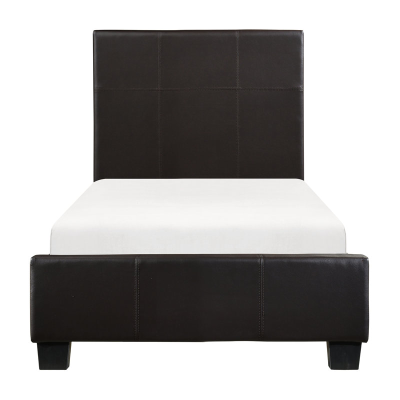 Lit plateforme contemporain de style simple avec similicuir brun foncé, contreplaqué et bois d'ingénierie, lit à lattes, contreplaqué, bois, composants, tête de lit