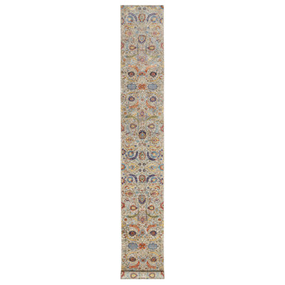 2'7" x 20'2" Cornsilk White Silk and Wool Sickle Leaf Design Hand Knotted Rug