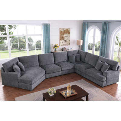 170.5" Oversized Corner Sectional Chenille Sofa With Chaise Lounge & 6 Toss Pillows