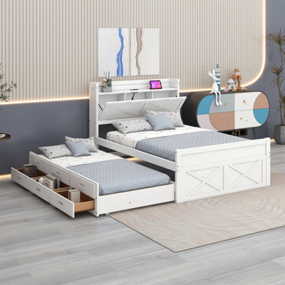 Wooden Bed With Storage Headboard With Outlets,Trundle And Drawers
